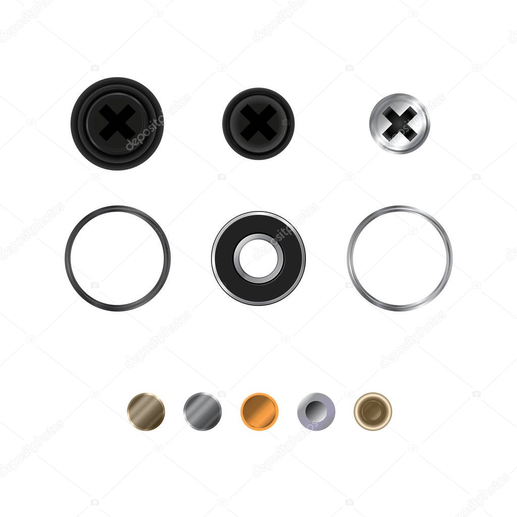 Screws, Washers and Rivets. Realistic Illustration, Top View. Vector Design Elements Set for Web Design, Banners, Presentations or Business Cards, Flyers, Brochures and Posters.