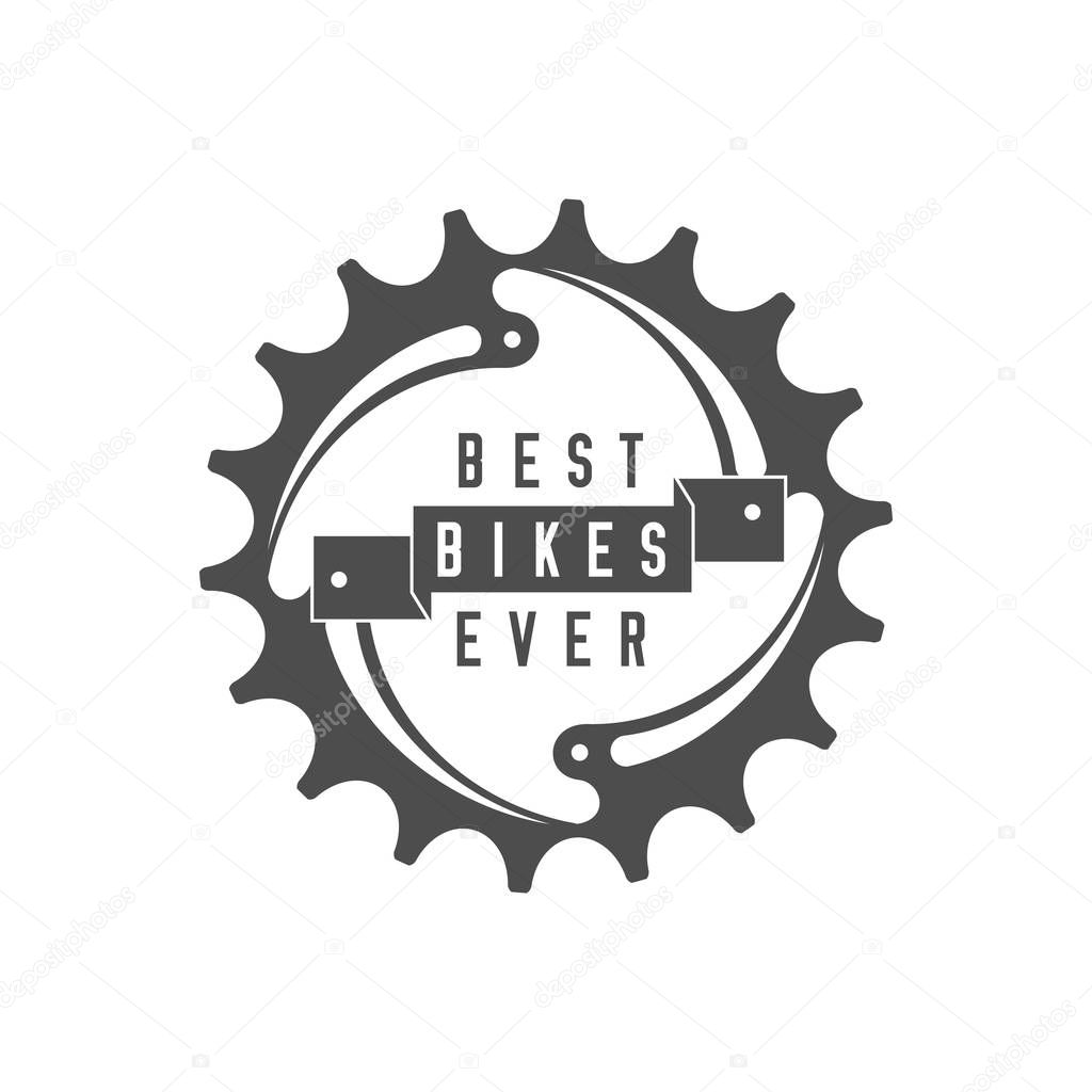 Best Bikes Ever Emblem. Design Element for Bike Shop or Advertising Banner. Chainring and Ribbon, Monochrome Vector Illustration.