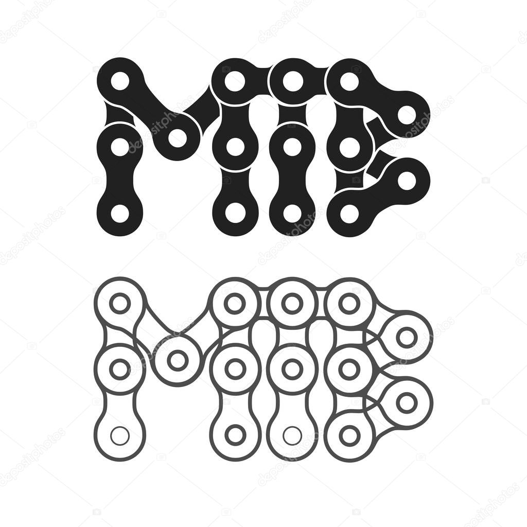 MTB or Mountain Bike Typography Made of Bike or Bicycle Chain. Vector Illustration. Silhouette and Line Variants for T-Shirt Print Design.