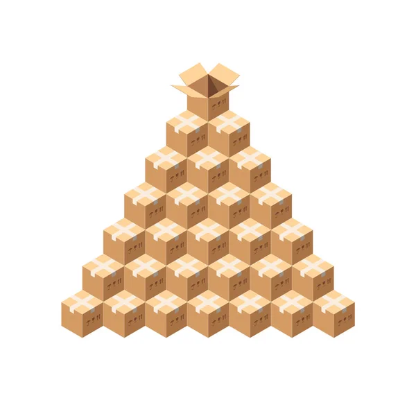 Изометрические векторные пакеты. Целая куча скотча посылок. Пирамида картонных коробок, изолированных на белом — стоковый вектор
