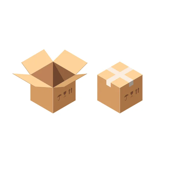 Isometric Vector Packaging Carton or Cardboard Boxes Icon Set Isolated on White. Sealed and Uncovered Boxes — Stock Vector