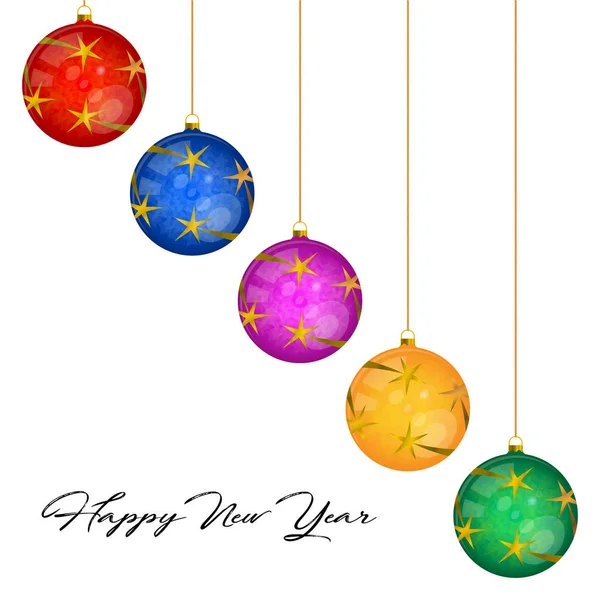 Bolas de Navidad de vidrio multicolor. Tarjeta de felicitación vectorial plantilla. Feliz Navidad y Feliz Año Nuevo Elementos de Diseño — Vector de stock