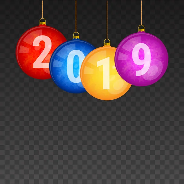 Rot, blau, gelb, lila schöne glänzende Vektor-Weihnachtskugeln. Zahlen für 2019. frohes neues Jahr Designelemente — Stockvektor