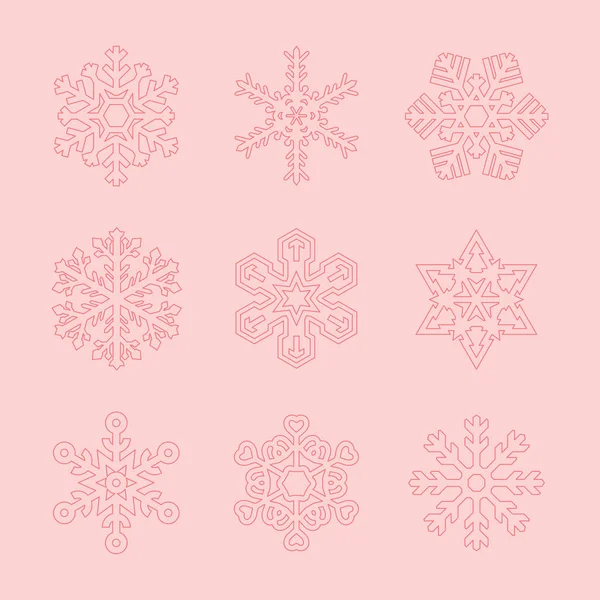 Sada sněhových vloček různých tvarů na růžovém pozadí. Vektorové prvky návrhu. Mřížky přechodů — Stockový vektor