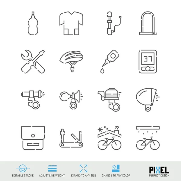 自行车配件, 工具和服装矢量线图标设置。自行车店, 维护线性符号, 象形图, 符号 — 图库矢量图片