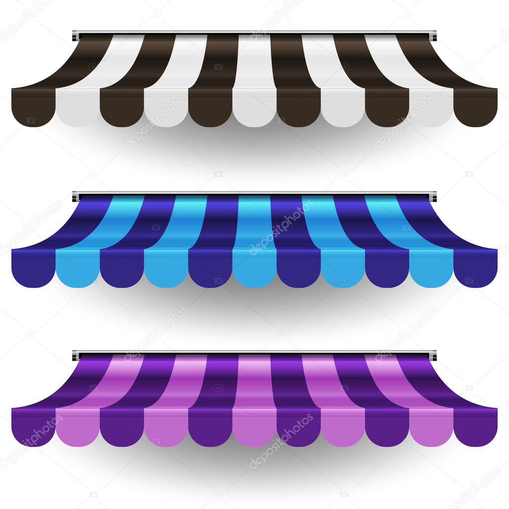 Striped Multicolored Realistic 3D Vector Awnings for Shop, Cafe. Design Element for Poster, Banner, Advertising