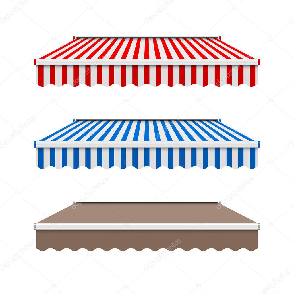 Striped and Monochrome Vector Awnings for Shop, Cafe. Design Elements Isolated on White Background