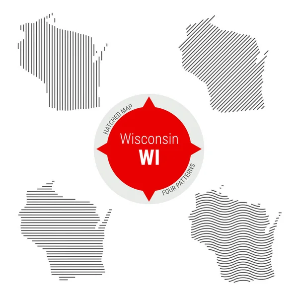 Schraffierte Muster-Vektorkarte von Wisconsin. stilisierte einfache Silhouette von Wisconsin. vier verschiedene Muster — Stockvektor