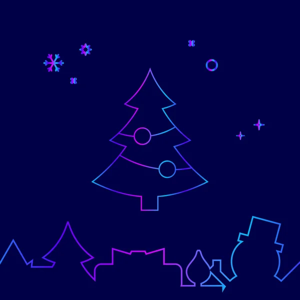 Geschmückte Weihnachtsbaum-Vektorlinie Symbol, Symbol, Piktogramm, Zeichen auf dunkelblauem Hintergrund. verwandte untere Grenze — Stockvektor