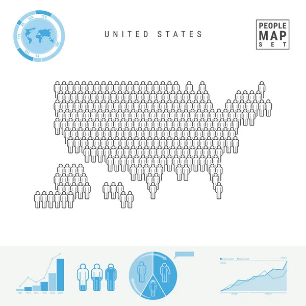 United States People Icon Map. Stylized Vector Silhouette of USA. Population Growth and Aging Infographic Elements — Stock Vector