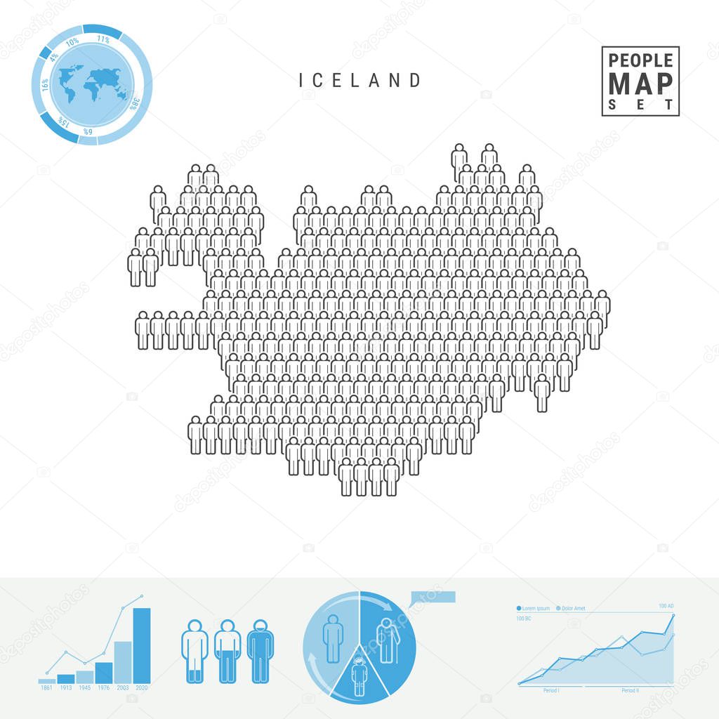 Iceland People Icon Map. People Crowd in the Shape of a Map of Iceland. Stylized Silhouette of Iceland. Population Growth and Aging Infographic Elements. Vector Illustration Isolated on White.