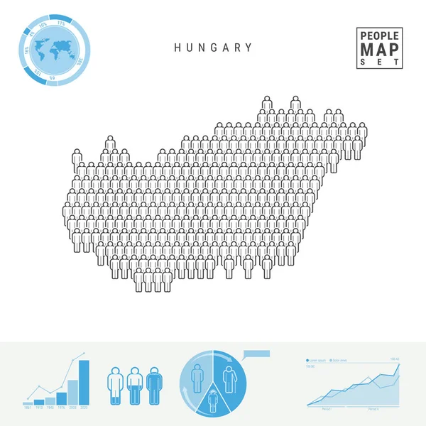 Mappa delle icone del popolo ungherese. Silhouette vettoriale stilizzata dell'Ungheria. Crescita della popolazione e invecchiamento Infografica — Vettoriale Stock