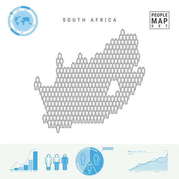 Sudafrica People Icon Map. Silhouette vettoriale stilizzata del Sudafrica. Crescita della popolazione e invecchiamento Infografica — Vettoriale Stock