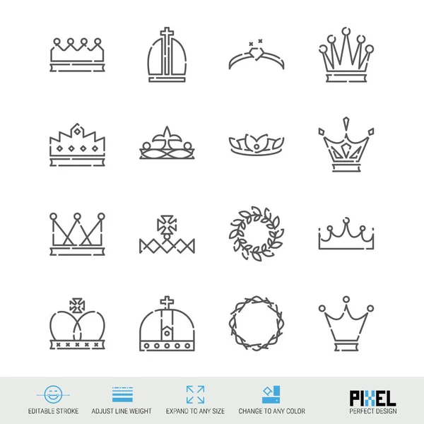 Vector Line Icon Set. Crowns Related Linear Icons. Royal Symbols, Pictograms, Signs — 图库矢量图片