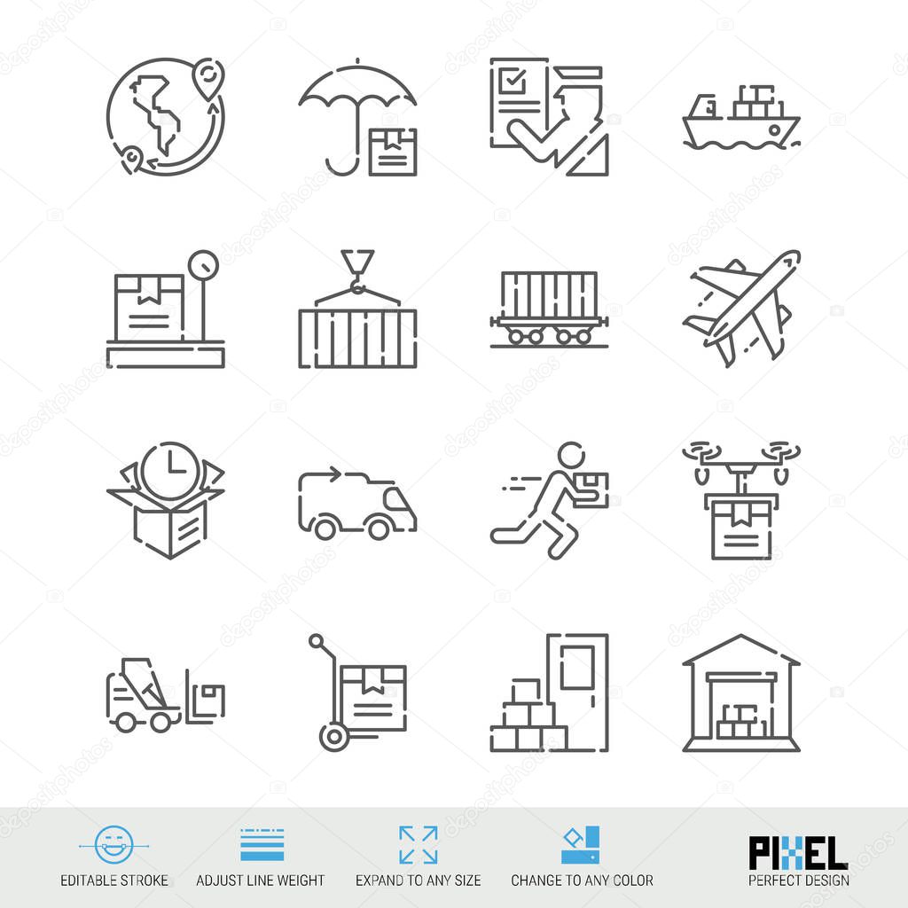 Vector Line Icon Set. Cargo Delivery Related Linear Icons. Cargo Delivery Symbols, Pictograms, Signs
