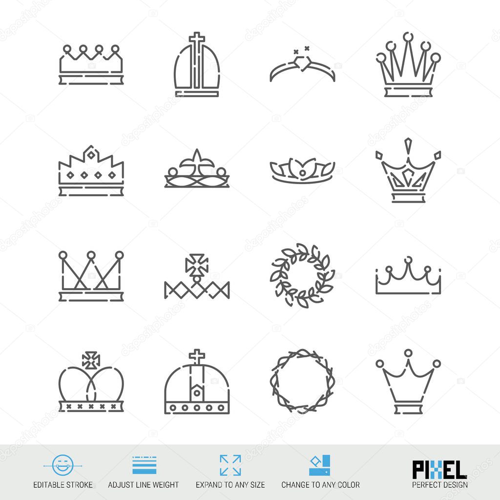Vector Line Icon Set. Crowns Related Linear Icons. Royal Symbols, Pictograms, Signs