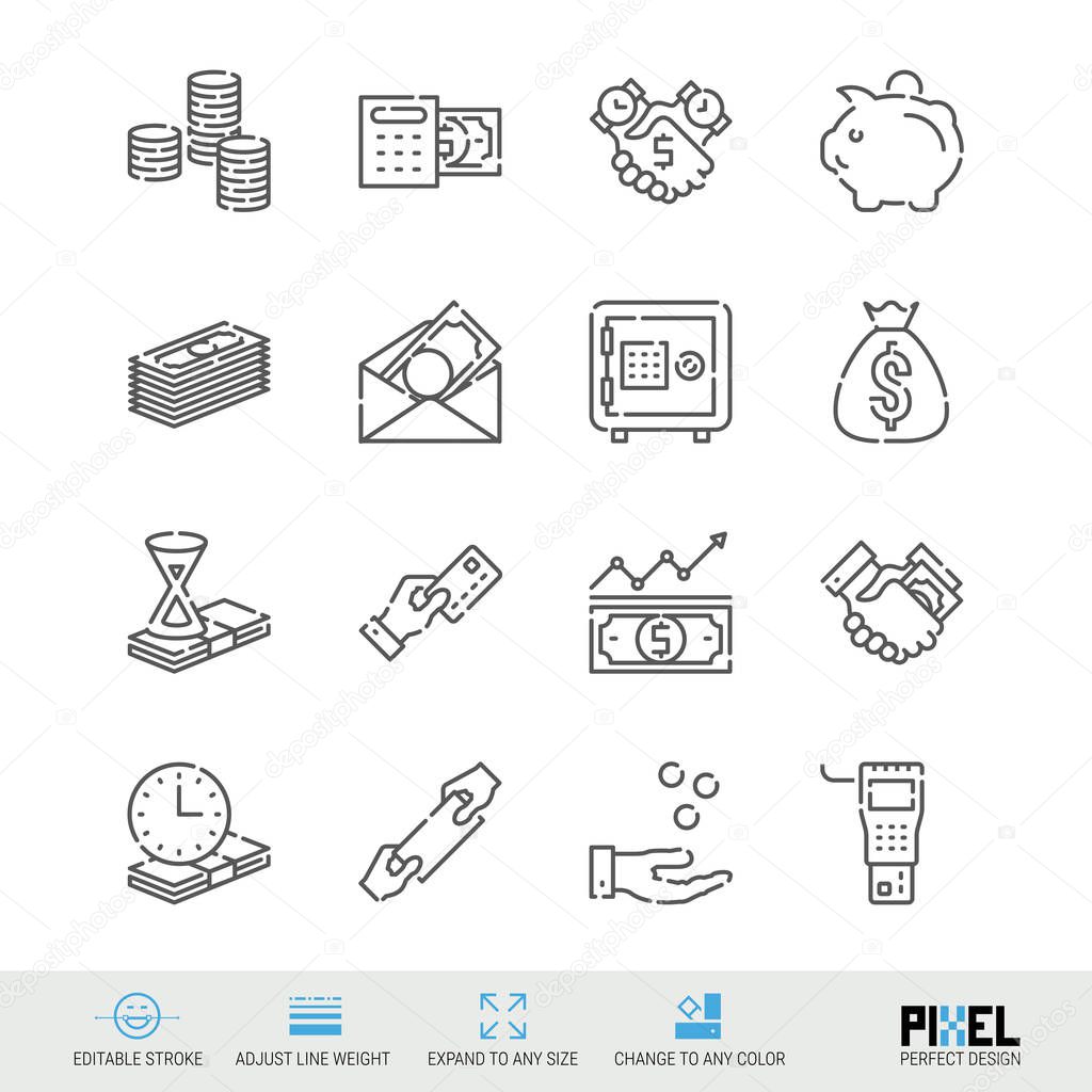 Vector Line Icon Set. Money Related Linear Icons. Finance Symbols, Pictograms, Signs