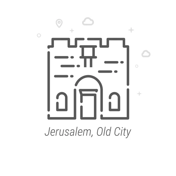 Vieille ville, Icône de ligne vectorielle de Jérusalem, symbole, pictogramme, signe. Fond géométrique abstrait léger. AVC modifiable — Image vectorielle