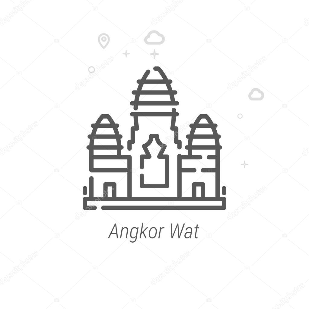 Angkor Wat, Cambodia Vector Line Icon, Symbol, Pictogram, Sign. Light Abstract Geometric Background. Editable Stroke