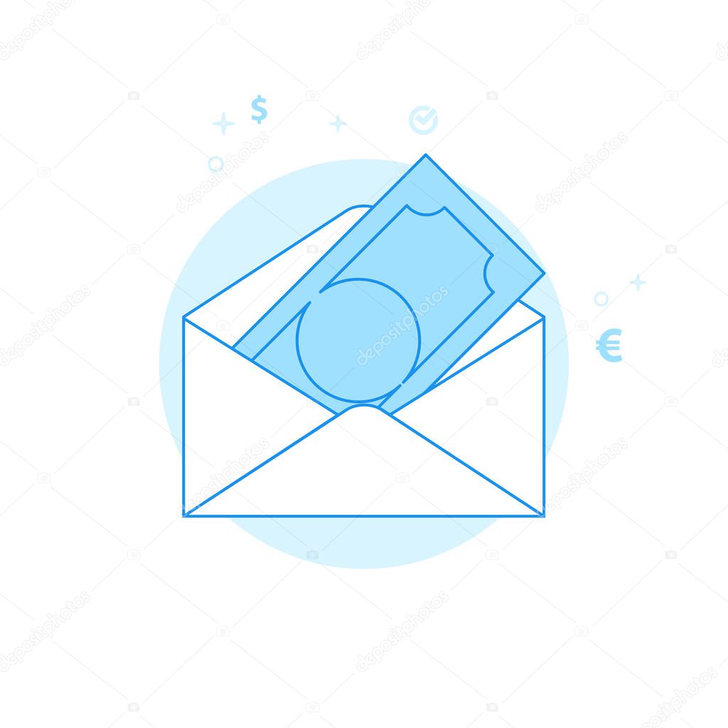 Money Envelope Flat Vector Illustration, Icon. Light Blue Monochrome Design. Editable Stroke