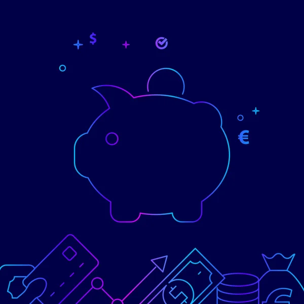 Piggy Bank Vector Line Icon, Illustrazione su sfondo blu scuro. Confine inferiore correlato — Vettoriale Stock