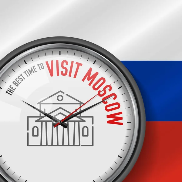 El mejor momento para visitar Moscú. Reloj vectorial con lema. Fondo de la bandera rusa. Reloj analógico. Icono del Teatro Bolshoi — Vector de stock