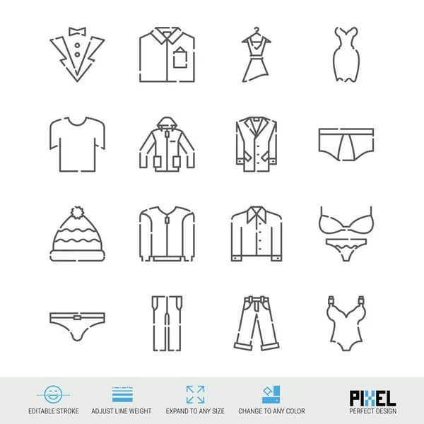 Набор иконок векторной линии. Связанные с одеждой линейные иконы. Символы одежды, пиктограммы, знаки — стоковый вектор