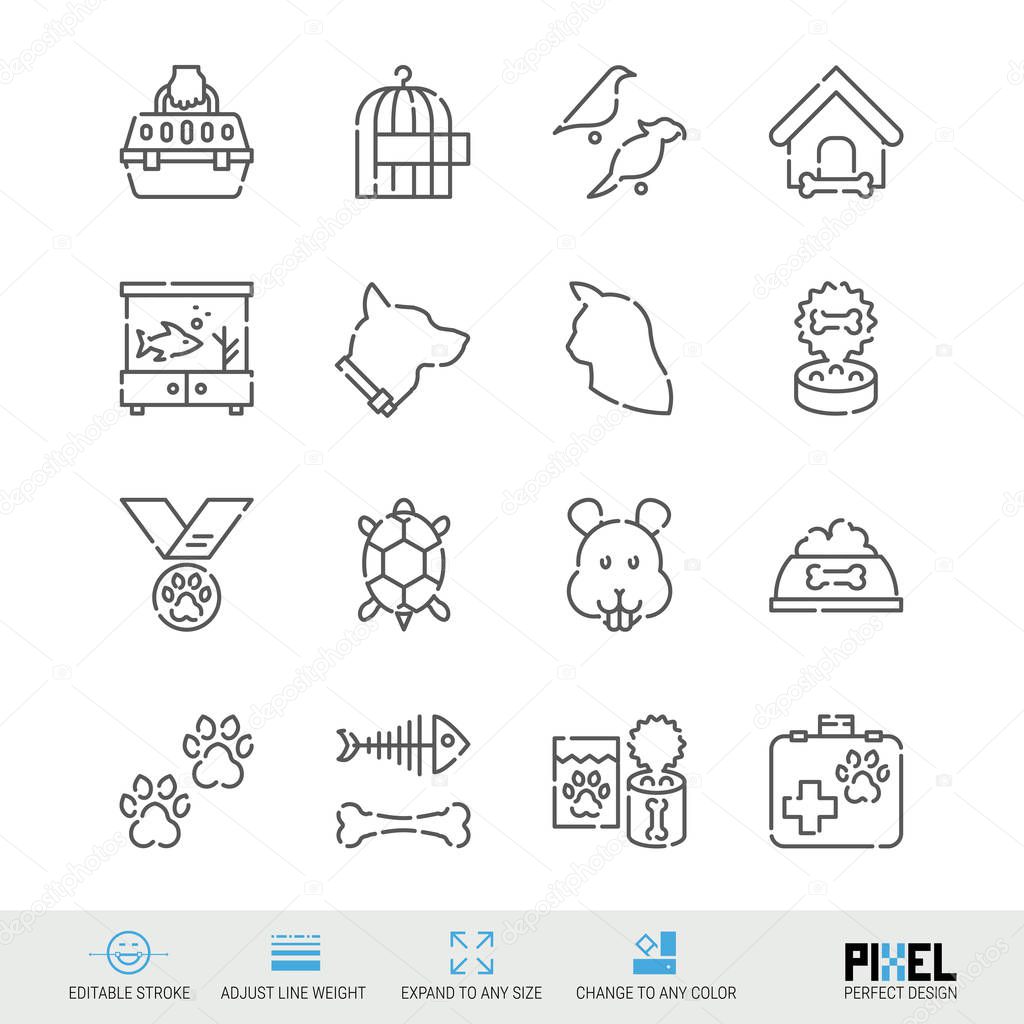 Vector Line Icon Set. Pets Related Linear Icons. Pet Supplies Symbols, Pictograms, Signs