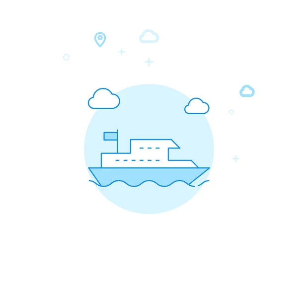 Barca, fiume Tram Flat Vector Illustrazione, Icona. Design monocromatico azzurro. Colpo modificabile — Vettoriale Stock