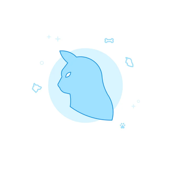 Katt huvud profil flat vektor illustration, ikon. Ljusblå svartvit design. Redigerbar stroke — Stock vektor