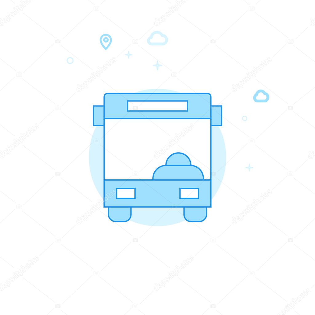 Bus Front View Flat Vector Illustration, Icon. Light Blue Monochrome Design. Editable Stroke