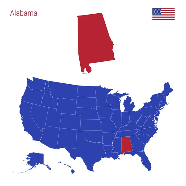 Der Bundesstaat Alabama ist rot hervorgehoben. Vektorkarte der Vereinigten Staaten in einzelne Staaten unterteilt. — Stockvektor