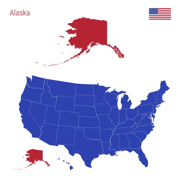 Stát Aljašky je červeně zvýrazněn. Vektorová mapa Spojených států rozdělená do samostatných států. — Stockový vektor