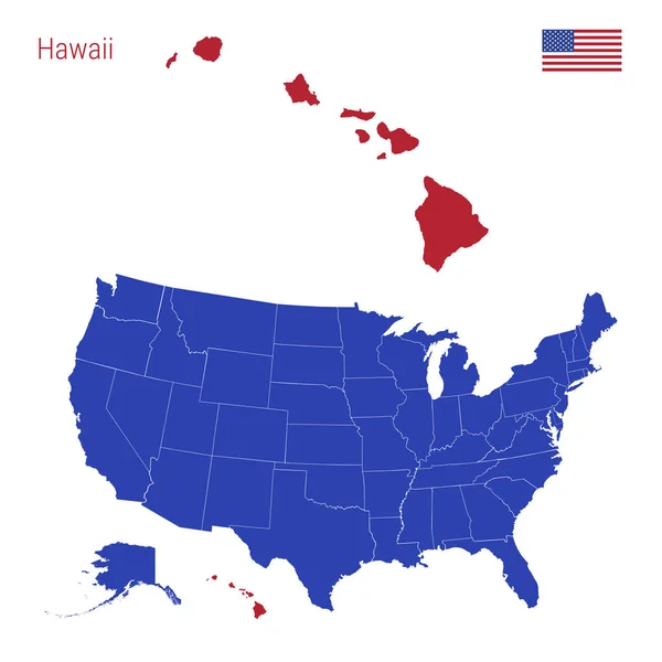 El estado de Hawái se destaca en rojo. Mapa vectorial de los Estados Unidos dividido en Estados separados . — Archivo Imágenes Vectoriales