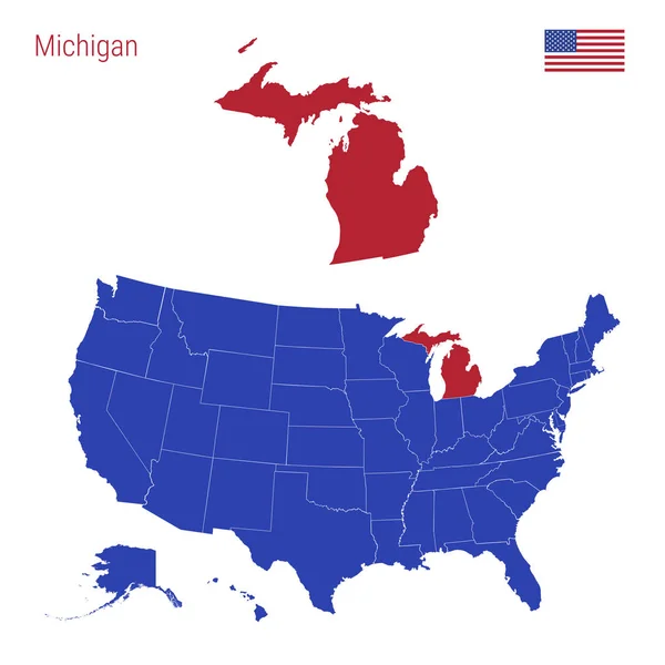 Stát Michigan je červeně zvýrazněný. Vektorová mapa Spojených států rozdělená do samostatných států. — Stockový vektor