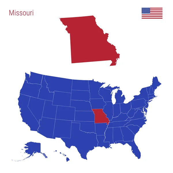 Der Bundesstaat Missouri ist rot hervorgehoben. Vektorkarte der Vereinigten Staaten in einzelne Staaten unterteilt. — Stockvektor