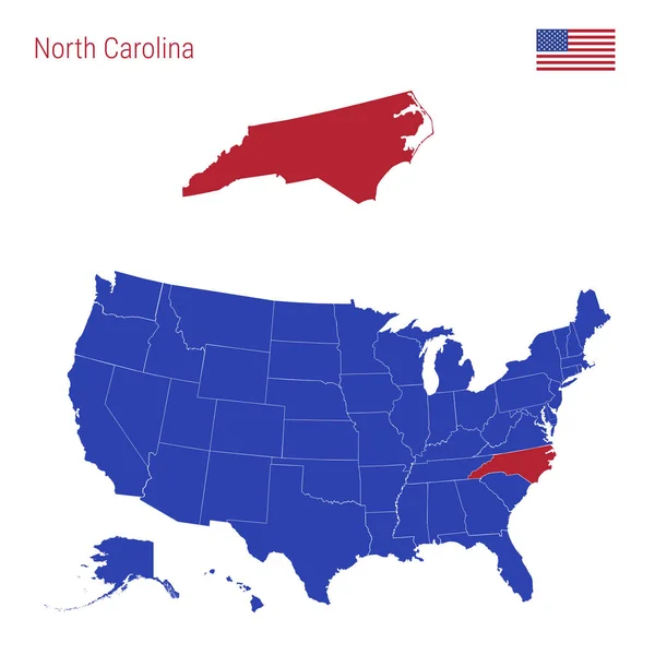 Stát Severní Karolína je zvýrazněn červeně. Vektorová mapa Spojených států rozdělená do samostatných států. — Stockový vektor