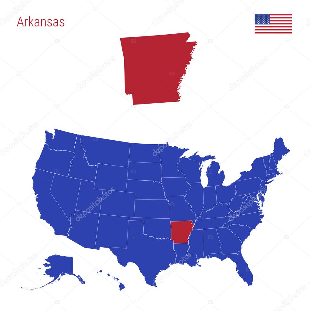 The State of Arkansas is Highlighted in Red. Vector Map of the United States Divided into Separate States.