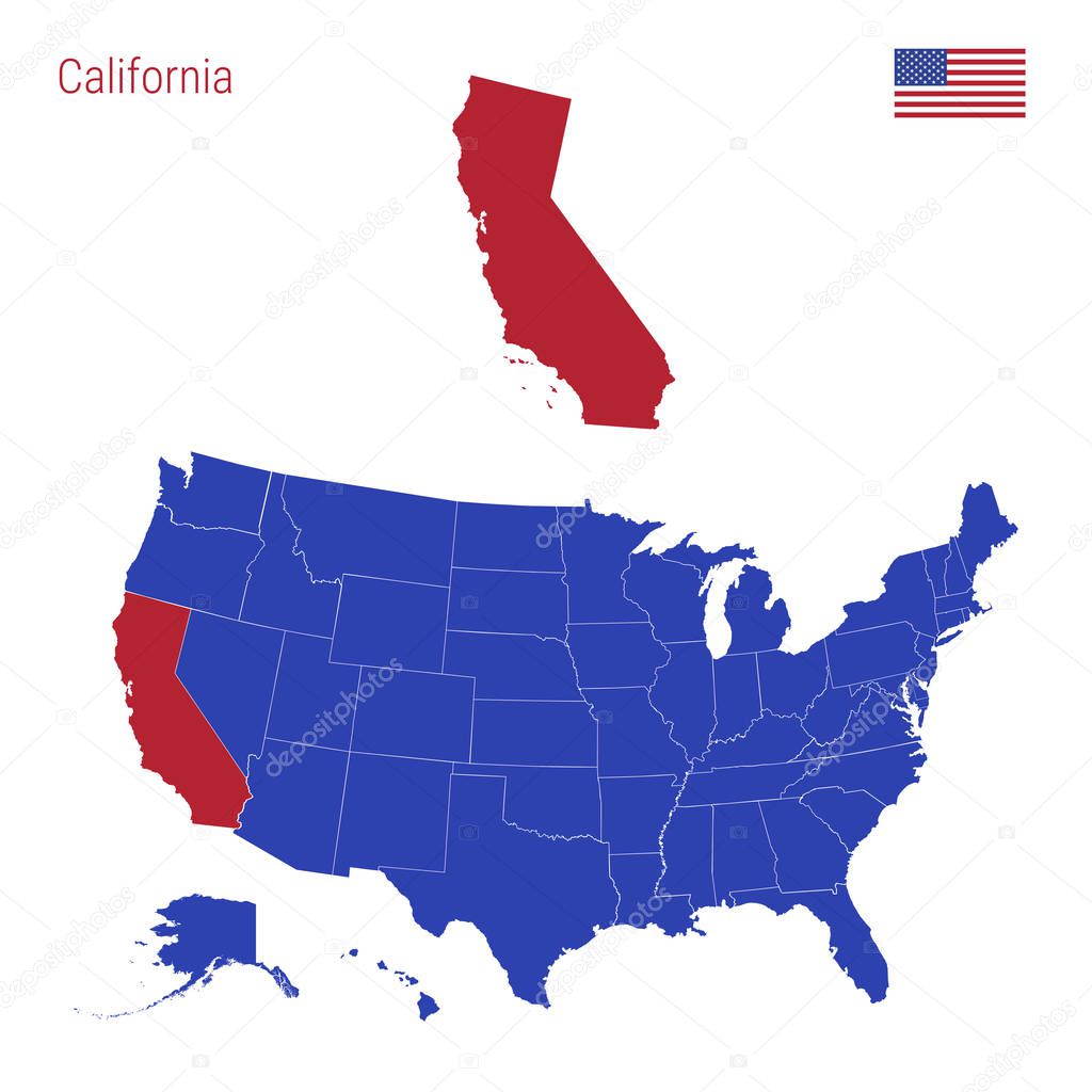 The State of California is Highlighted in Red. Vector Map of the United States Divided into Separate States.