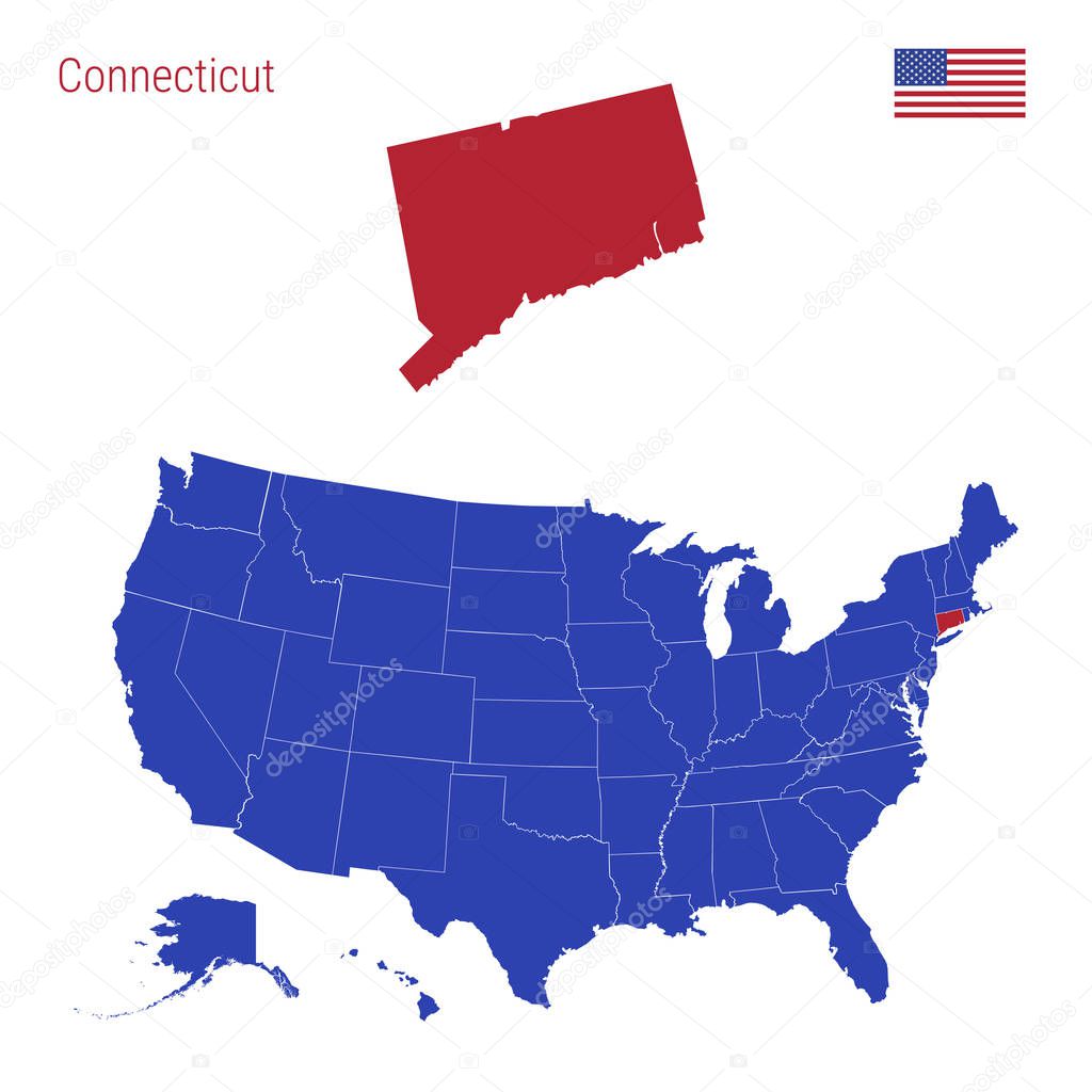 The State of Connecticut is Highlighted in Red. Vector Map of the United States Divided into Separate States.
