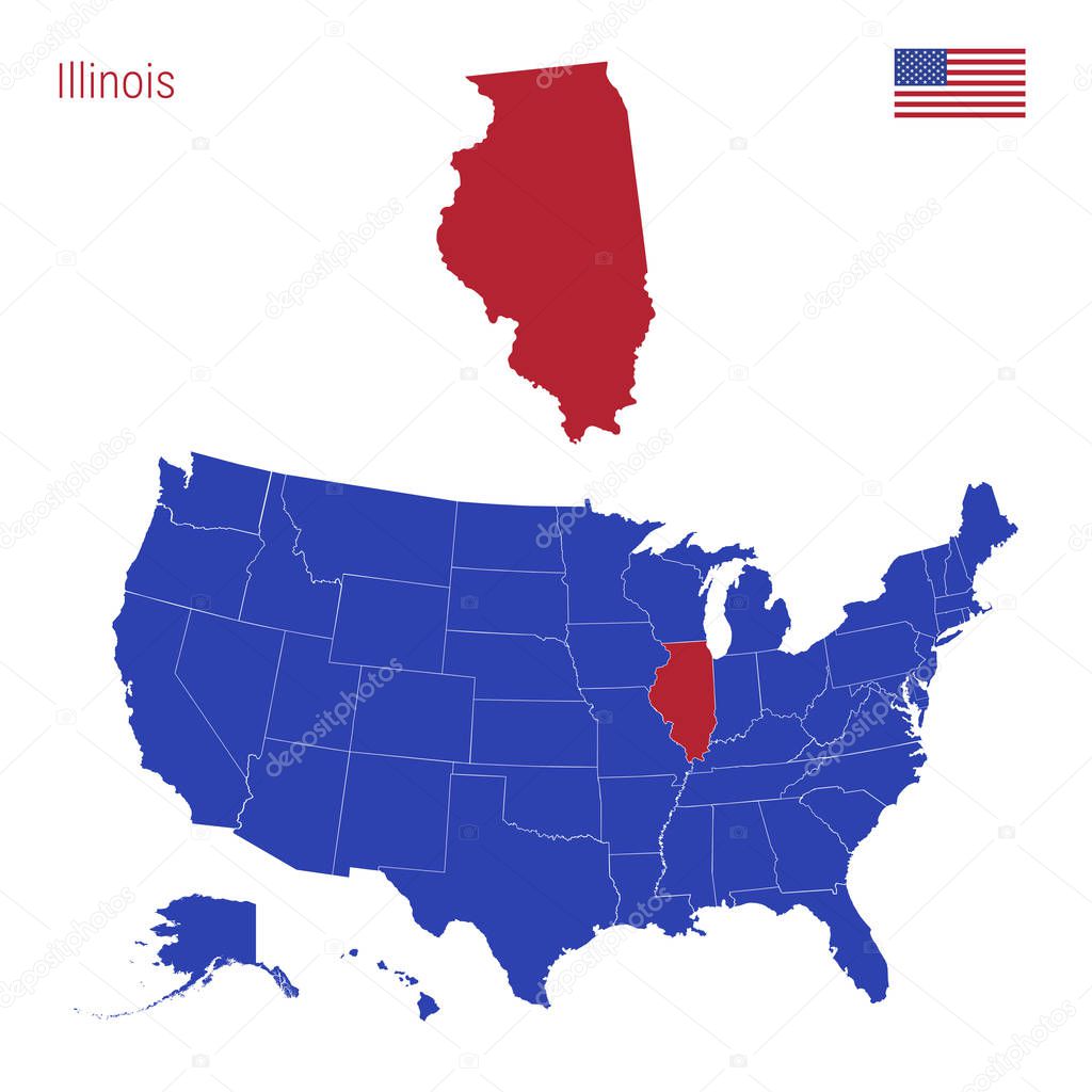 The State of Illinois is Highlighted in Red. Vector Map of the United States Divided into Separate States.