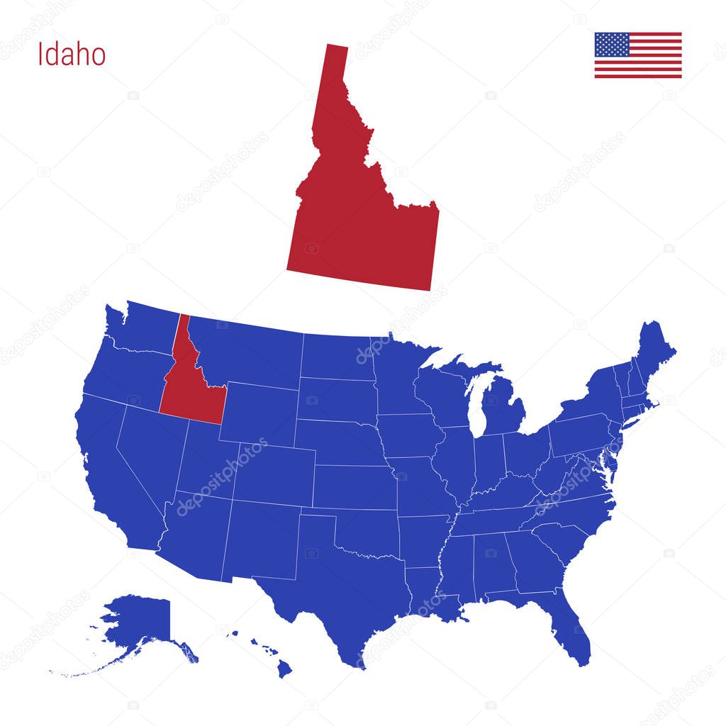 The State of Idaho is Highlighted in Red. Vector Map of the United States Divided into Separate States.