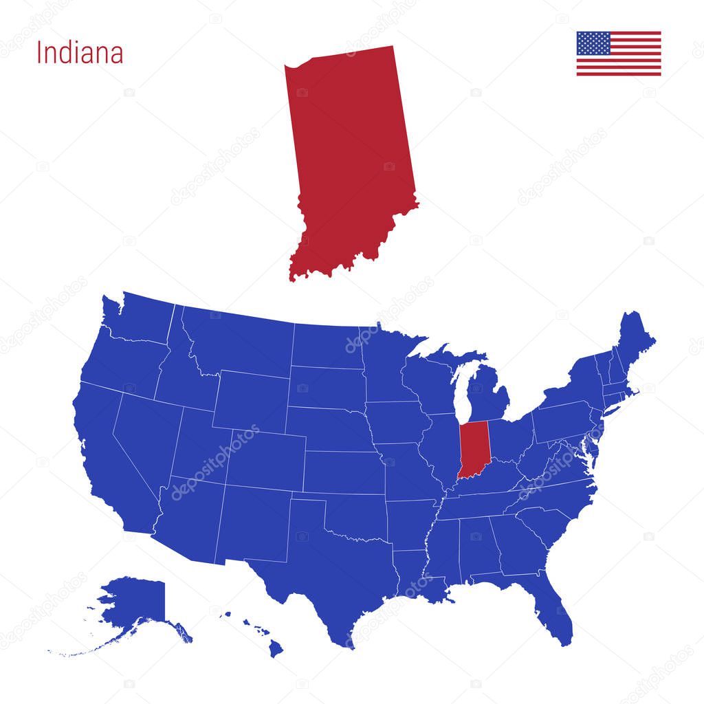 The State of Indiana is Highlighted in Red. Vector Map of the United States Divided into Separate States.