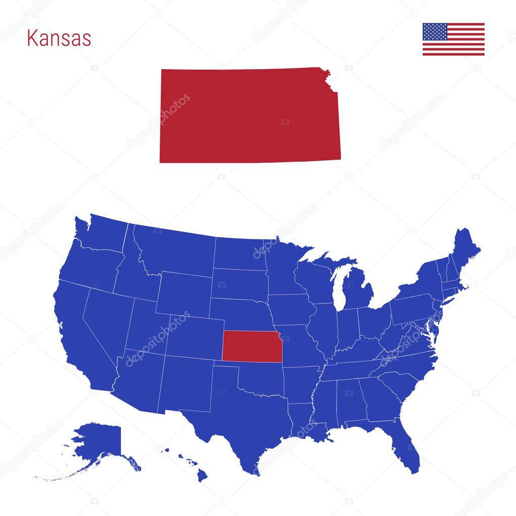 The State of Kansas is Highlighted in Red. Vector Map of the United States Divided into Separate States.