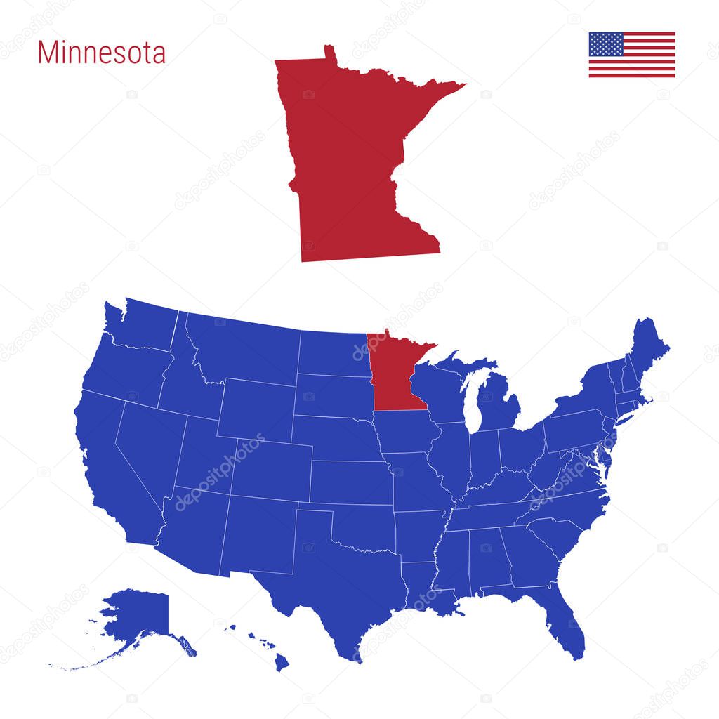 The State of Minnesota is Highlighted in Red. Vector Map of the United States Divided into Separate States.