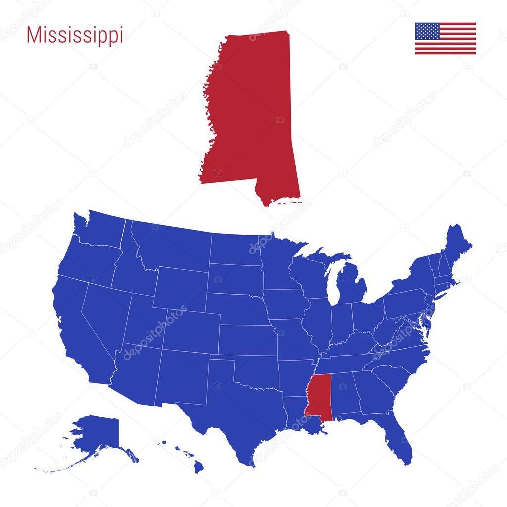 The State of Mississippi is Highlighted in Red. Vector Map of the United States Divided into Separate States.