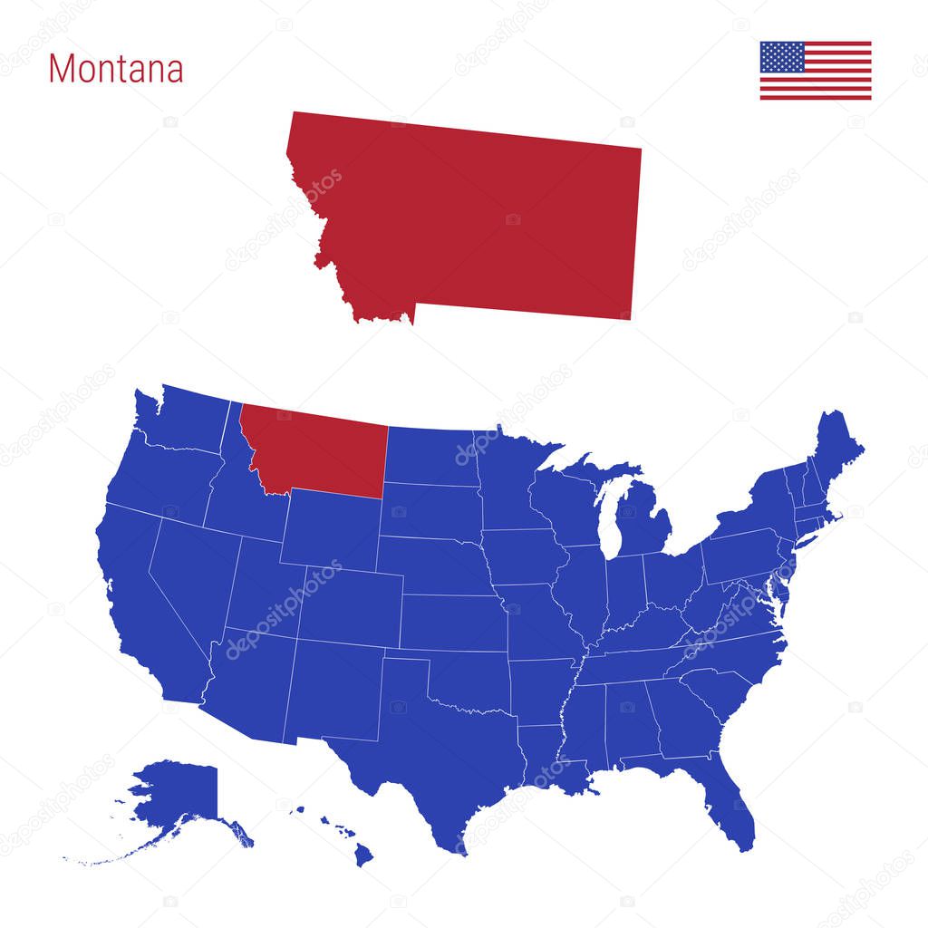 The State of Montana is Highlighted in Red. Vector Map of the United States Divided into Separate States.