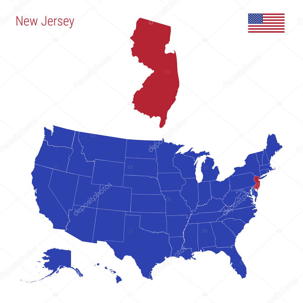 The State of New Jersey is Highlighted in Red. Vector Map of the United States Divided into Separate States.