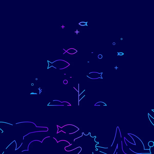 Школа иконы векторной линии рыб, иллюстрация на темно-синем фоне. Связанная нижняя граница — стоковый вектор
