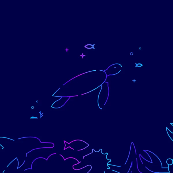 바다 거북 벡터 라인 아이콘, 어두운 파란색 배경에 그림. 관련 된 아래쪽 테두리 — 스톡 벡터